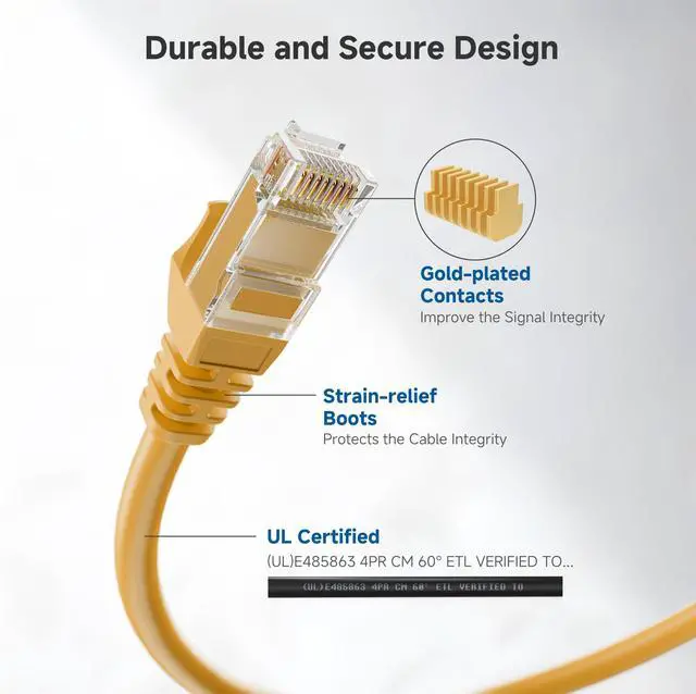 Alt view image 4 of 7 - KEHIPI 10Gbps Snagless Cat 6 Ethernet Cable - 7ft, Cat 6 Cable, Cat6 Cord, Ethernet Cord, Yellow