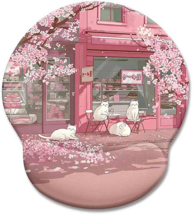 Main image of KEHIPI Cat Ergonomic Mouse Pad with Wrist Rest, Pink Cherry Blossom Computer Mouse Pad Wrist Support with Non-Slip Pain Relief PU Base, Cute Office Desk Decor Accessories Japanese Dessert House