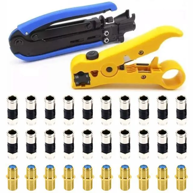 Main image of KEHIPI  Coaxial Cable Crimper - Coax Cable Compression Tool Kit, rg6 rg59 rg11 75-5 75-7, Wire Stripper, 20pcs F Male Connectors, 10pcs Female to Female Connectors