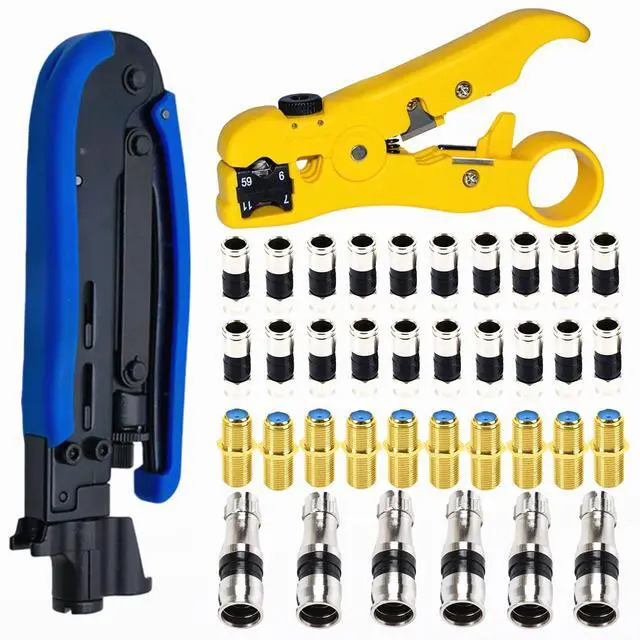 Main image of KEHIPI  Coax Cable Crimper Kit, Coaxial Compression Tool Adjustable RG6 RG59 RG11 75-5 75-7 Coaxial Cable Stripper with 20PCS RG6 Connectors, 10PCS Female to Female Connectors, 6PCS RG11 Connector