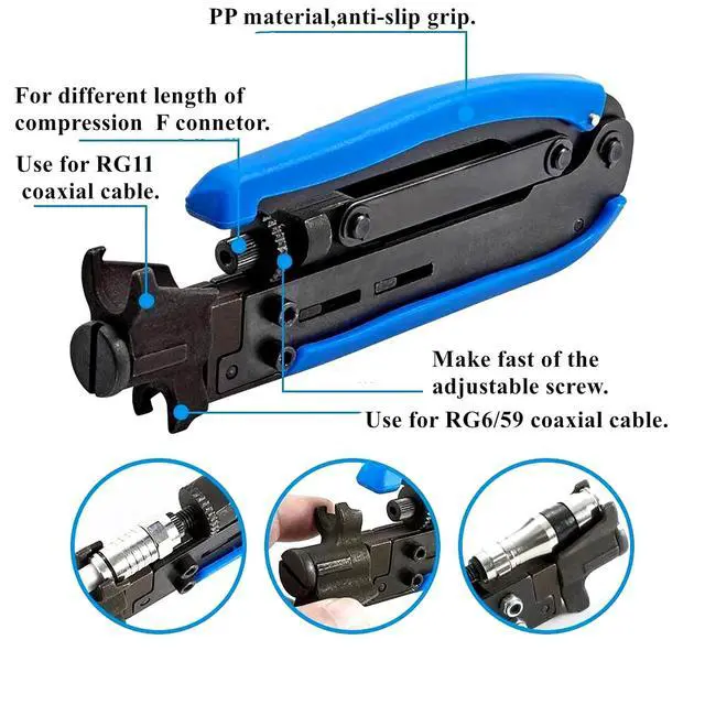 Alt view image 3 of 7 - KEHIPI  Coax Cable Crimper Kit, Coaxial Compression Tool Adjustable RG6 RG59 RG11 75-5 75-7 Coaxial Cable Stripper with 20PCS RG6 Connectors, 10PCS Female to Female Connectors, 6PCS RG11 Connector