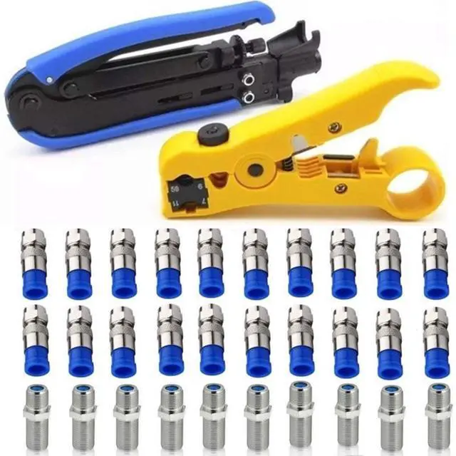 Main image of KEHIPI Coaxial Compression Tool Coax Cable Crimper Kit Adjustable rg6 rg59 rg11 75-5 75-7 Coaxial Cable Stripper with 20pcs F Male And 10pcs Female to Female rg6 Connectors