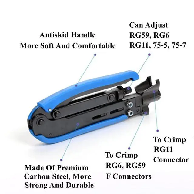 Alt view image 3 of 6 - KEHIPI Coaxial Compression Tool Coax Cable Crimper Kit Adjustable rg6 rg59 rg11 75-5 75-7 Coaxial Cable Stripper with 10pcs RG6 F Compression Connectors - Blue