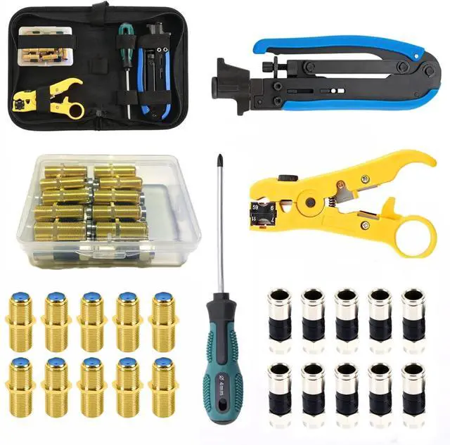 Main image of KEHIPI Coax Cable Crimper Tool Kit, Coaxial Compression Tool for rg6 rg59 rg11, Wire Stripper, 10pcs RG6 F Male and Female Connectors, Screwdriver