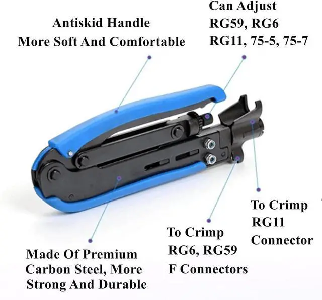Alt view image 4 of 7 - KEHIPI  Coaxial Cable Crimper - Coax Cable Compression Tool Kit, rg6 rg59 rg11 75-5 75-7, Wire Stripper, 20pcs F Male Connectors, 10pcs Female to Female Connectors