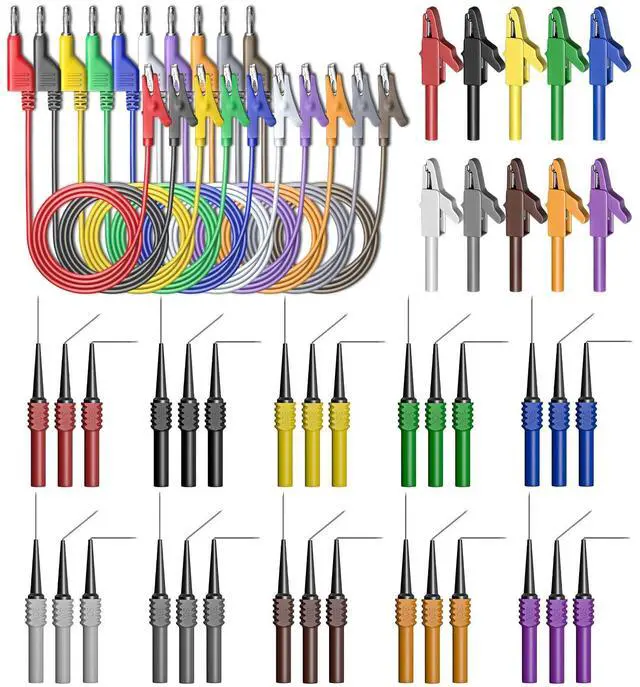 KEHIPI Back Probe Kit 50PCS 4mm Stackable Banana Plug to Alligator Clip Automotive Test Leads Kit with Crocodile Clips, 30PCS 30V Back Probe Pins for Car Repairing Diagnostic Ten Colors