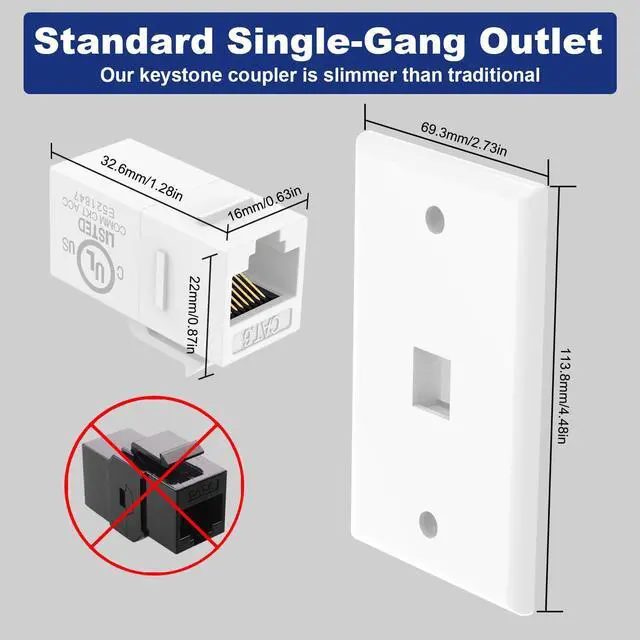 Alt view image 5 of 7 - KEHIPI Ethernet Wall Plate (UL Listed), 1-Port Cat6 Female to Female Wall Jack, Keystone Wall Plate with RJ45 Keystone Inline Coupler, White (2-Pack)