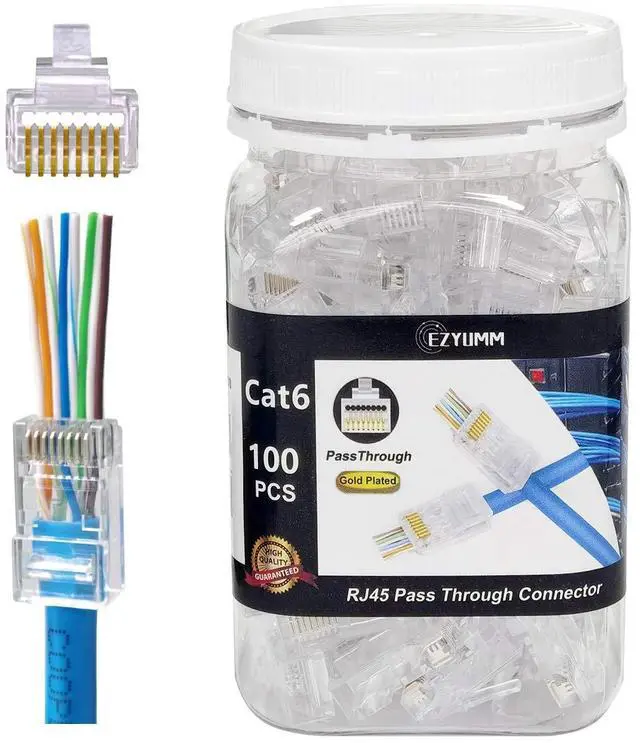 Main image of KEHIPI 100-Pack RJ45 Pass Through Connector, RJ45 Connectors, Premium Cat 6 Connectors 8P8C Gold Plated, Pass Through RJ45 Cat6 Cat 5 Connector Ends for Solid or Stranded UTP Ethernet Cable
