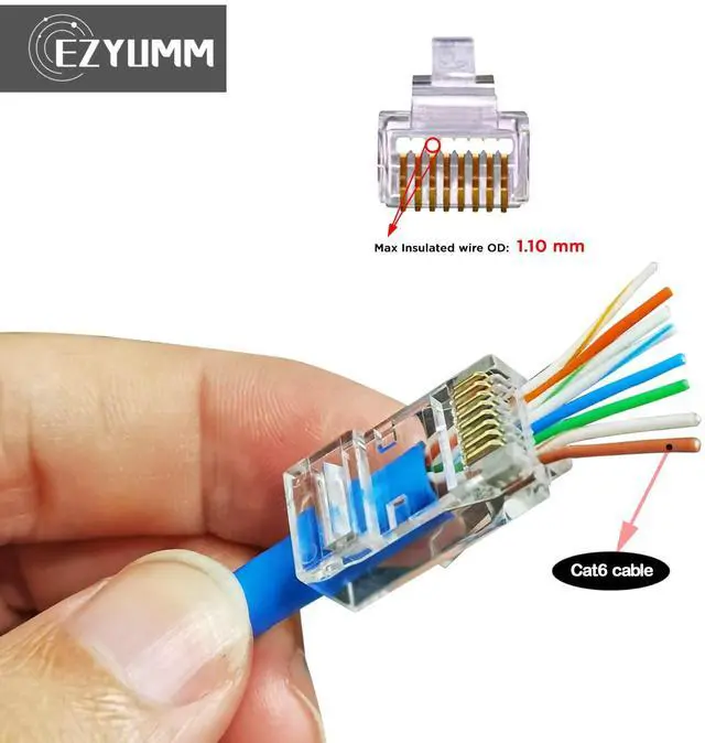 Alt view image 3 of 6 - KEHIPI 100-Pack RJ45 Pass Through Connector, RJ45 Connectors, Premium Cat 6 Connectors 8P8C Gold Plated, Pass Through RJ45 Cat6 Cat 5 Connector Ends for Solid or Stranded UTP Ethernet Cable