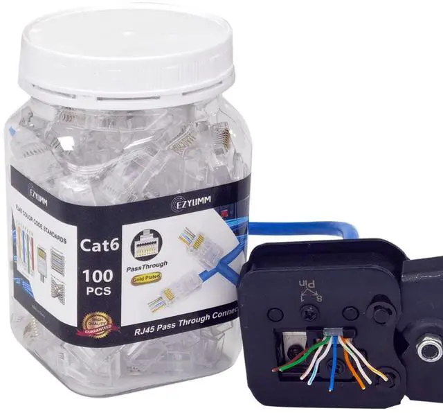 Alt view image 6 of 6 - KEHIPI 100-Pack RJ45 Pass Through Connector, RJ45 Connectors, Premium Cat 6 Connectors 8P8C Gold Plated, Pass Through RJ45 Cat6 Cat 5 Connector Ends for Solid or Stranded UTP Ethernet Cable