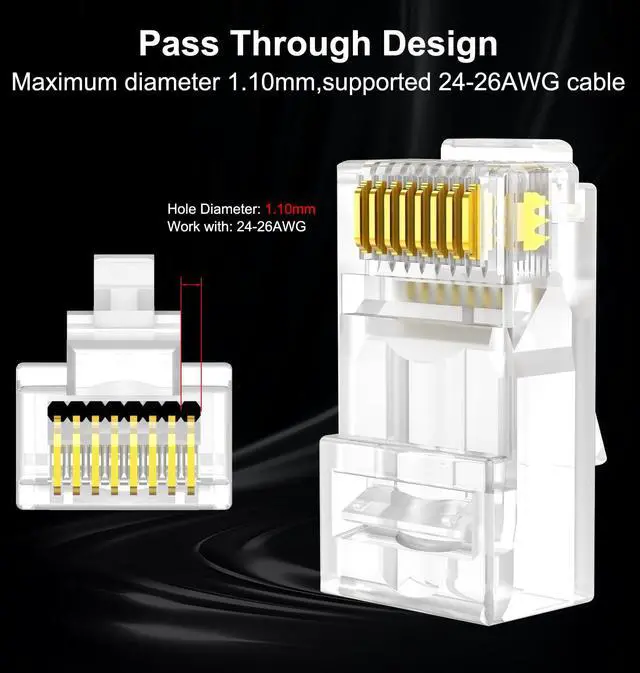 Alt view image 2 of 7 - KEHIPI Cat 6 Pass Through RJ45 Connectors, Supports 24 to 26 AWG RJ45 Crimp Ends UTP Network Plug (50 * Cat6 Plug + 50 * Strain Relief Boots)