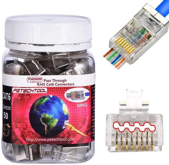 Main image of KEHIPI RJ45 23AWG Cat6a Cat6 Connector Gold Plated 8P8C Pass Through Shield Plug (50pieces)