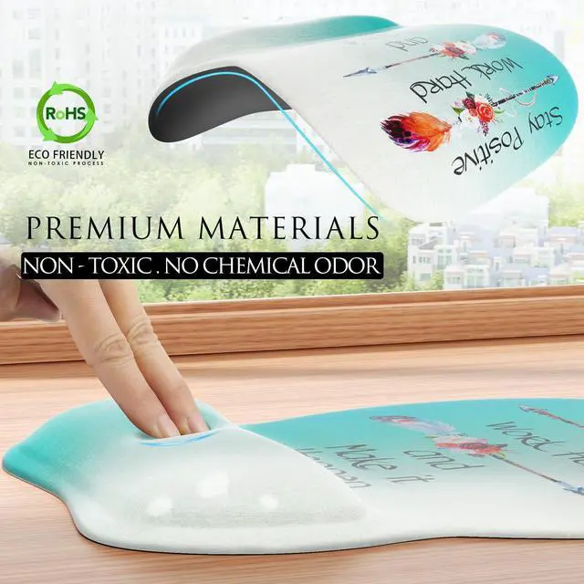 Alt view image 5 of 6 - SOEWIOU Ergonomic Mouse Pad with Gel Wrist Rest, Comfortable Mousepad with Smooth Wrist Support Surface and Non-Slip PU Base for Pain Relief, Computer, Laptop,Office & Home,9.4 x 8.1 in, Feather Arrow