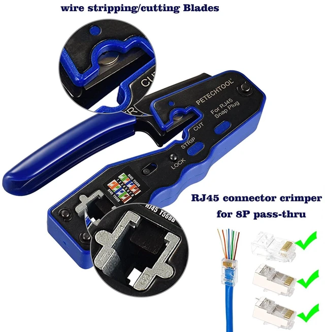 Alt view image 2 of 6 - RJ45 Crimp Tool All-in-one Ethernet Crimping Tool Stripper Cutter for Pass Through Cat5 Cat6 Connectors with Cable Tester and Cat6 UTP and Shield Connectors and Black Cable Tie