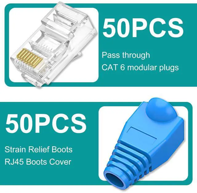 Alt view image 2 of 7 - KEHIPI UTP RJ45 Connectors, Cat6 RJ45 Pass Through Plugs 50-Pack, Cat6 RJ45 Plugs with 50-Pack Strain Relief Boots for Solid or Standard Ethernet Cables, Transparent