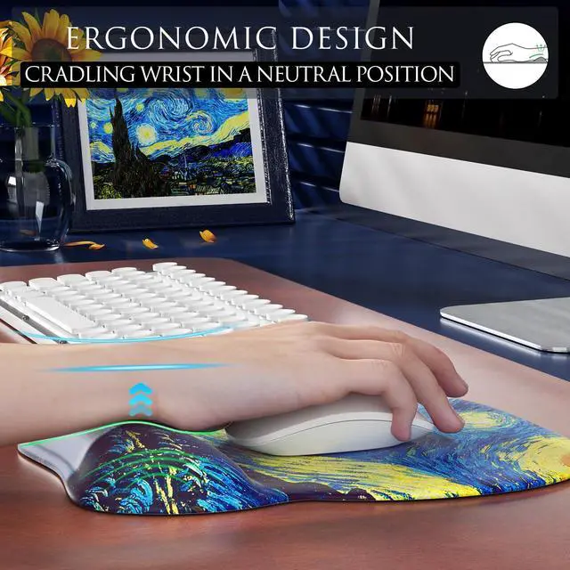 Alt view image 5 of 6 - KEHIPI Ergonomic Mouse Pad with Gel Wrist Rest, Comfortable Mousepad with Smooth Wrist Support Surface and Non-Slip PU Base for Pain Relief, Computer, Laptop, Office & Home, 9.4 x 8.1 in, Starry Night