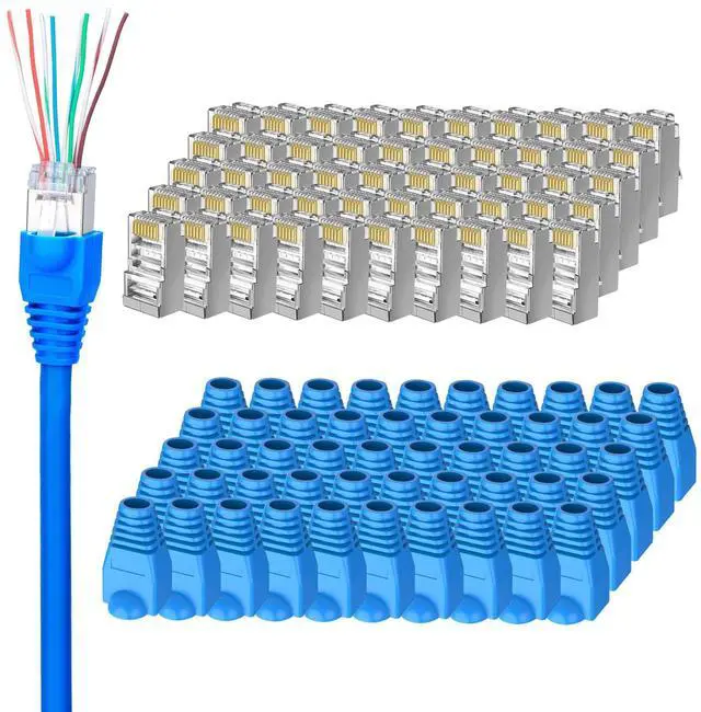 Main image of KEHIPI 50-Pack Cat 6 Shielded Pass Through RJ45 Connectors + 50Pack RJ45 Strain Relief Boots, 8P8C Modular Ethernet STP Network Cable Plug End for Cat6 Cat5e
