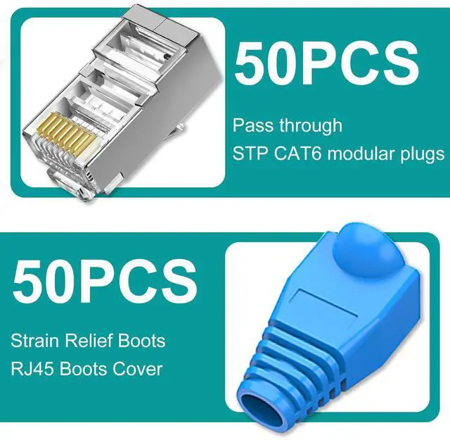 Alt view image 4 of 7 - KEHIPI 50-Pack Cat 6 Shielded Pass Through RJ45 Connectors + 50Pack RJ45 Strain Relief Boots, 8P8C Modular Ethernet STP Network Cable Plug End for Cat6 Cat5e