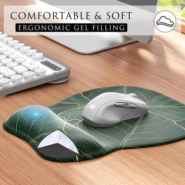 Alt view image 4 of 6 - SOEWIOU Ergonomic Mouse Pad with Gel Wrist Rest, Comfortable Mousepad with Smooth Wrist Support Surface and Non-Slip PU Base for Pain Relief, Computer, Laptop, Office & Home,9.4 x 8.1 in, Green Leaves