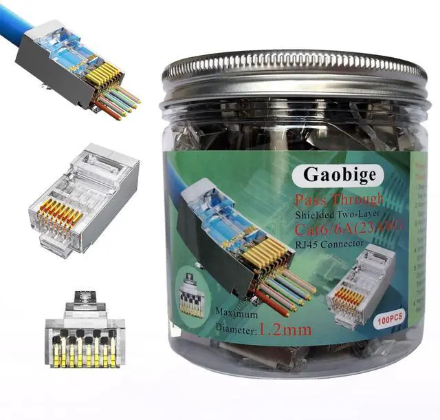 Main image of KEHIPI 100-Pack Cat6 Cat6A RJ45 Pass Through Connectors Ends, 1.2mm Shielded Connectors for 23AWG Solid Wire and Standard Cable