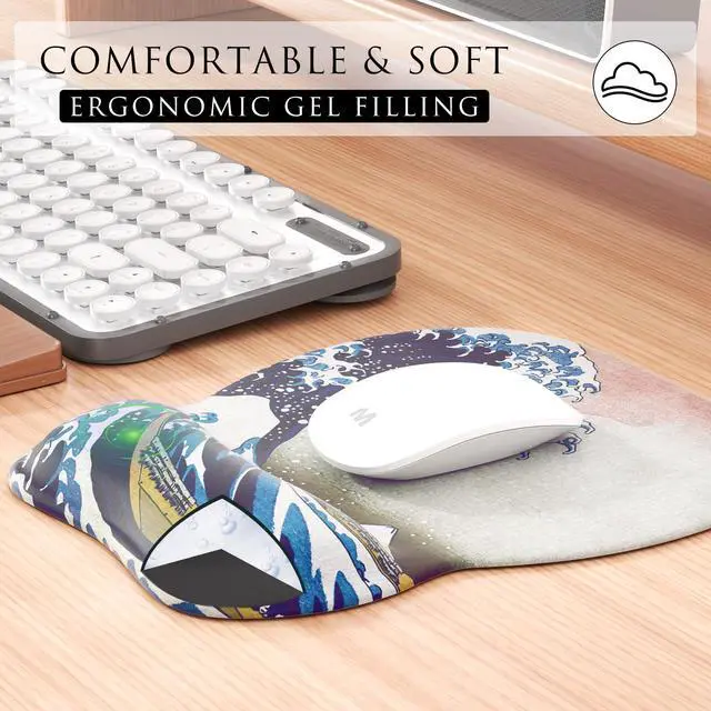 Alt view image 4 of 6 - KEHIPI Ergonomic Mouse Pad with Gel Wrist Rest, Comfortable Mousepad with Smooth Wrist Support Surface and Non-Slip PU Base for Pain Relief, Computer, Laptop, Office & Home, 9.4 x 8.1 in, Great Wave