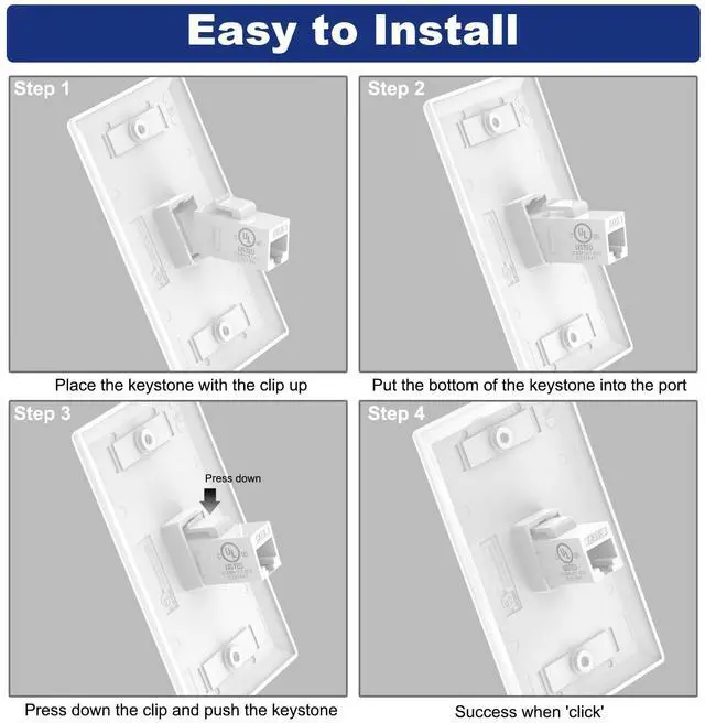 Alt view image 6 of 7 - KEHIPI Ethernet Wall Plate (UL Listed), 1-Port Cat6 Female to Female Wall Jack, Keystone Wall Plate with RJ45 Keystone Inline Coupler, White (2-Pack)