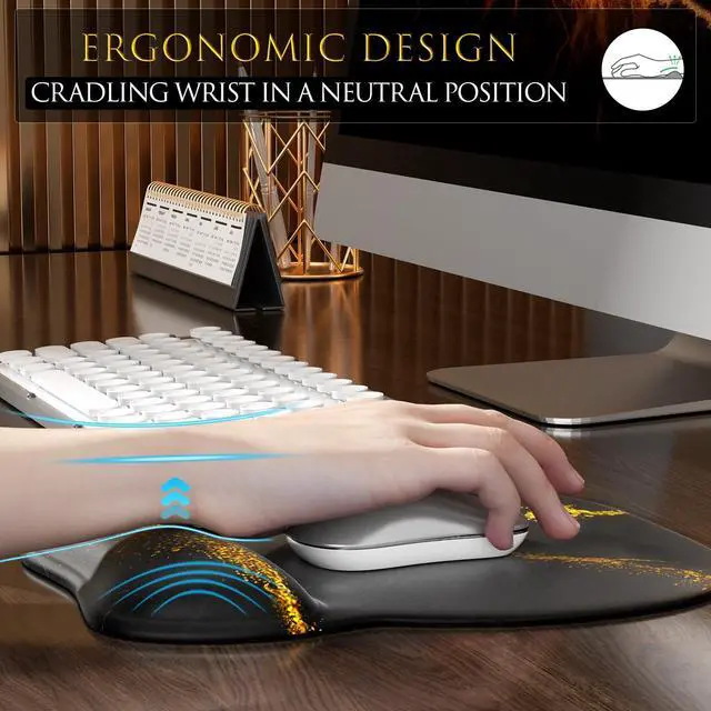 Alt view image 5 of 6 - KEHIPI Ergonomic Mouse Pad with Gel Wrist Rest, Comfortable Mousepad with Smooth Wrist Support Surface and Non-Slip PU Base for Pain Relief, Computer, Laptop, Office & Home, 9.4 x 8.1 in, Black Gold