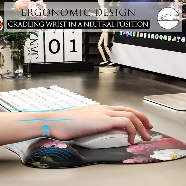 Alt view image 5 of 6 - KEHIPI Ergonomic Mouse Pad with Gel Wrist Rest, Comfortable Mousepad with Smooth Wrist Support Surface and Non-Slip PU Base for Pain Relief, Computer, Laptop, Office & Home, 9.4 x 8.1 in, Black Flower
