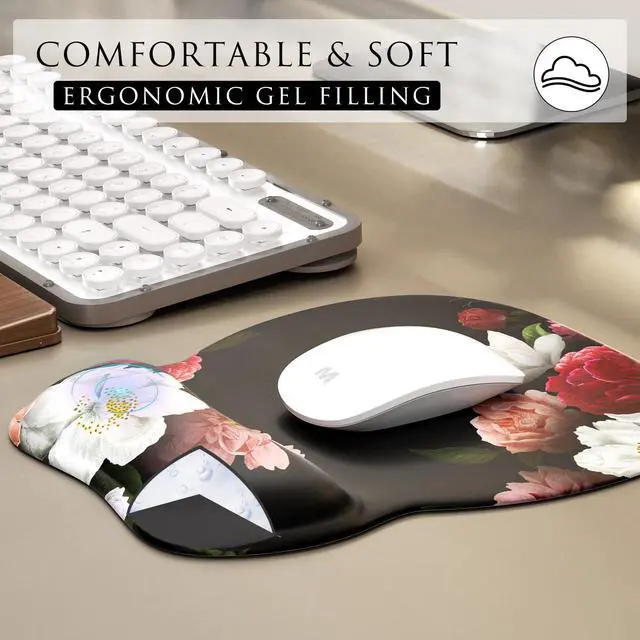 Alt view image 4 of 6 - KEHIPI Ergonomic Mouse Pad with Gel Wrist Rest, Comfortable Mousepad with Smooth Wrist Support Surface and Non-Slip PU Base for Pain Relief, Computer, Laptop, Office & Home, 9.4 x 8.1 in, Black Flower