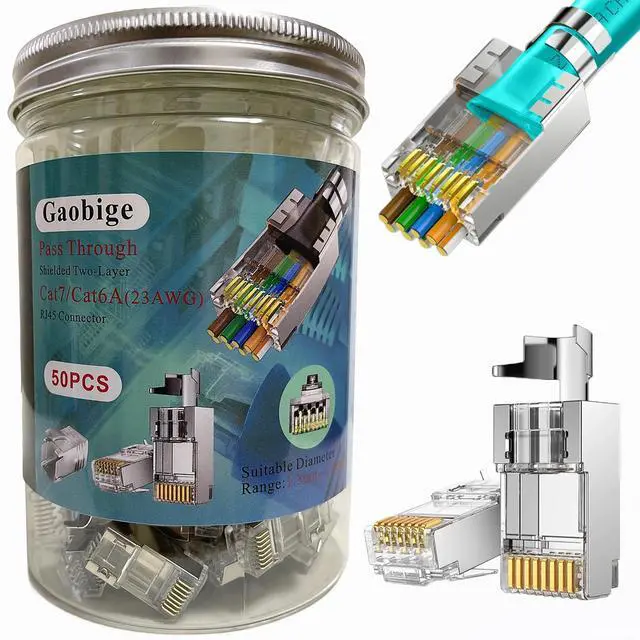 Main image of KEHIPI 50-Pack Cat7 Cat6A RJ45 Pass Through Connectors Shielded (Cat7 Cat6A Ends/ RJ45 Modular Plugs) 50PCS Strain Relief Boots