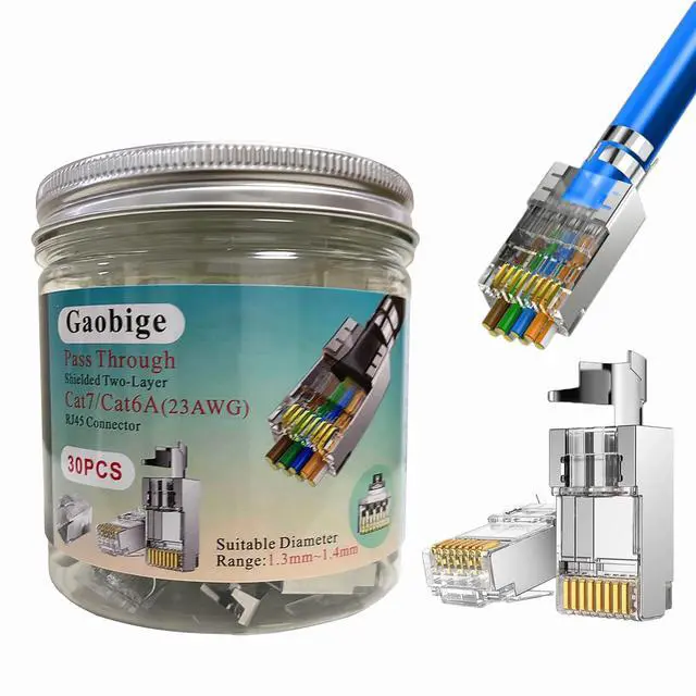 Main image of KEHIPI 30-Pack Cat7 Cat6A RJ45 Pass Through Connectors Shielded (Cat7 Cat6A Ends RJ45 Modular Plugs/Ethernet Plugs) 30PCS Strain Relief Boots