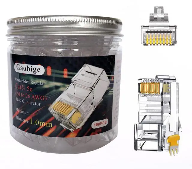 Main image of KEHIPI 100-Pack Cat5 Cat5e RJ45 Connectors Ends for Solid Wire and Standard Cable (Not Pass Through)