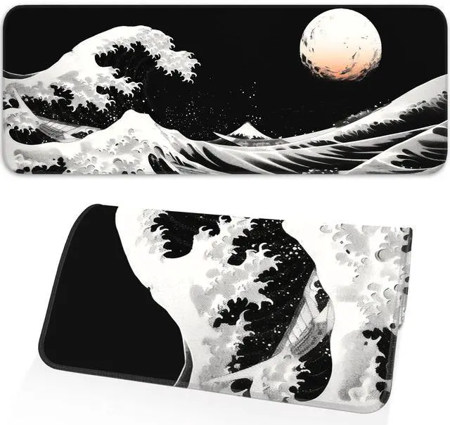 Main image of KEHIPI Gaming Mouse Pad, Japanese Mouse Pad, Non-Slip Rubber Base, for Laptop, Office and Home, 31.5x11.8 Inch Desktop Waterproof Desk Pad, Ocean Wave Anime Black Gaming