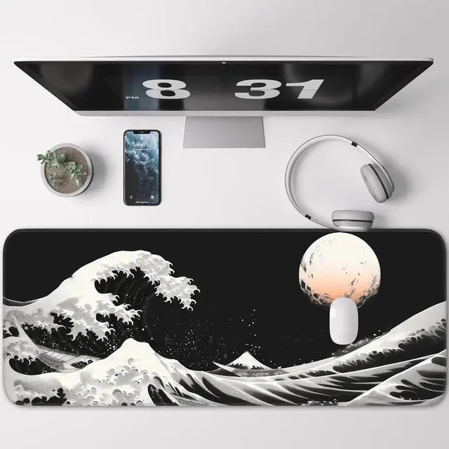 Alt view image 2 of 7 - KEHIPI Gaming Mouse Pad, Japanese Mouse Pad, Non-Slip Rubber Base, for Laptop, Office and Home, 31.5x11.8 Inch Desktop Waterproof Desk Pad, Ocean Wave Anime Black Gaming