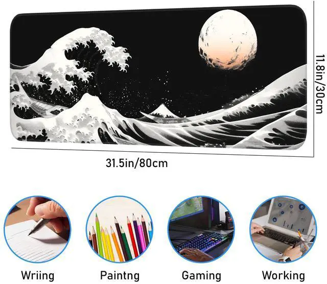 Alt view image 3 of 7 - KEHIPI Gaming Mouse Pad, Japanese Mouse Pad, Non-Slip Rubber Base, for Laptop, Office and Home, 31.5x11.8 Inch Desktop Waterproof Desk Pad, Ocean Wave Anime Black Gaming
