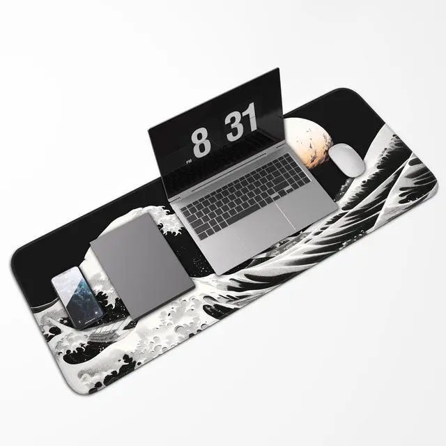 Alt view image 5 of 7 - KEHIPI Gaming Mouse Pad, Japanese Mouse Pad, Non-Slip Rubber Base, for Laptop, Office and Home, 31.5x11.8 Inch Desktop Waterproof Desk Pad, Ocean Wave Anime Black Gaming