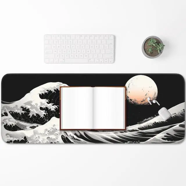 Alt view image 6 of 7 - KEHIPI Gaming Mouse Pad, Japanese Mouse Pad, Non-Slip Rubber Base, for Laptop, Office and Home, 31.5x11.8 Inch Desktop Waterproof Desk Pad, Ocean Wave Anime Black Gaming