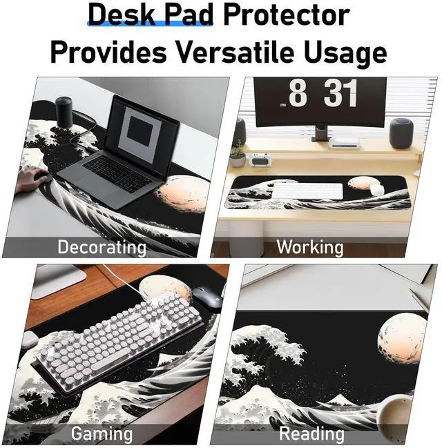 Alt view image 7 of 7 - KEHIPI Gaming Mouse Pad, Japanese Mouse Pad, Non-Slip Rubber Base, for Laptop, Office and Home, 31.5x11.8 Inch Desktop Waterproof Desk Pad, Ocean Wave Anime Black Gaming