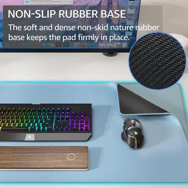 Alt view image 4 of 6 - KEHIPI Large Gaming Mouse Pad with Stitched Edges, Extended Mousepad with Superior Micro-Weave Cloth, Non-Slip Base, Water Resist Keyboard Pad for Gamer, Office & Home, 31.5x15.7in, Ice Blue