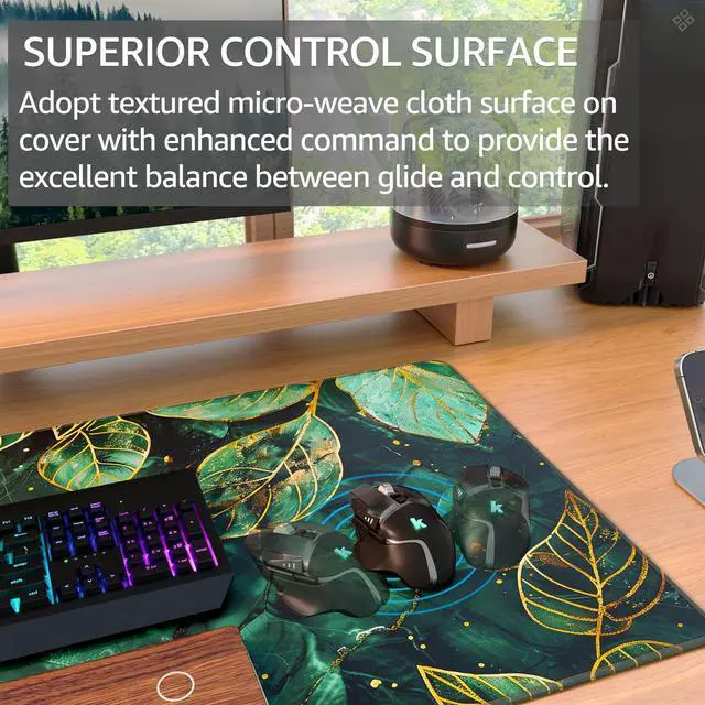 Alt view image 2 of 7 - KEHIPI Large Gaming Mouse Pad with Stitched Edges, Extended Mousepad with Superior Micro-Weave Cloth, Non-Slip Base, Water Resist Keyboard Pad for Gamer, Office & Home, 31.5x15.7in, Green Leaves