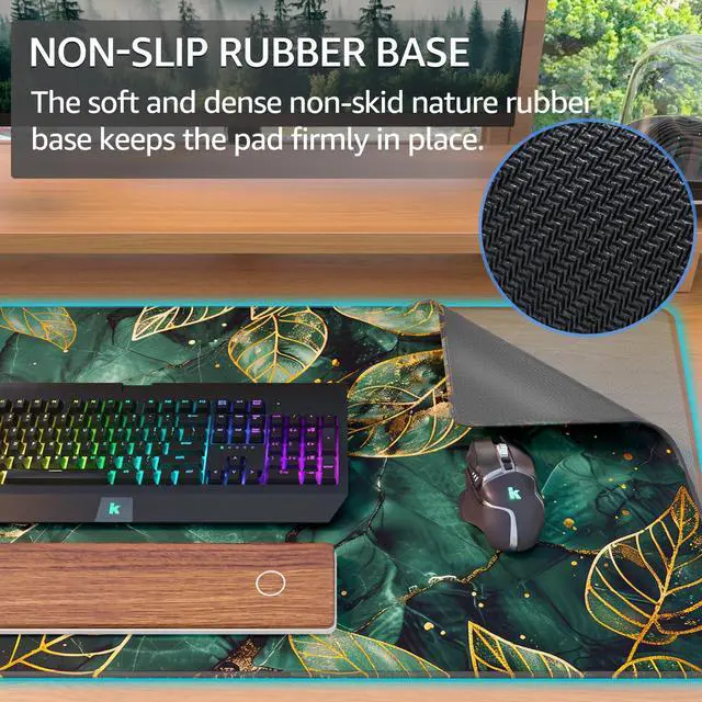Alt view image 4 of 7 - KEHIPI Large Gaming Mouse Pad with Stitched Edges, Extended Mousepad with Superior Micro-Weave Cloth, Non-Slip Base, Water Resist Keyboard Pad for Gamer, Office & Home, 31.5x15.7in, Green Leaves
