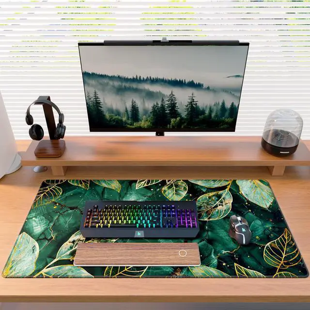 Alt view image 6 of 7 - KEHIPI Large Gaming Mouse Pad with Stitched Edges, Extended Mousepad with Superior Micro-Weave Cloth, Non-Slip Base, Water Resist Keyboard Pad for Gamer, Office & Home, 31.5x15.7in, Green Leaves