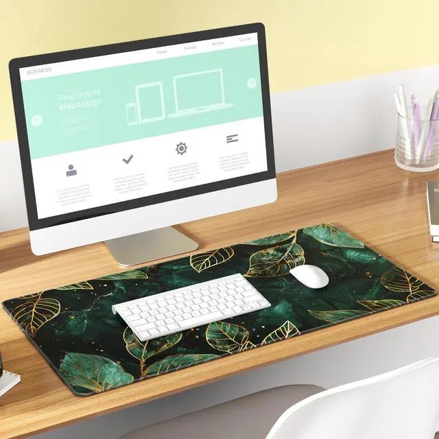 Alt view image 7 of 7 - KEHIPI Large Gaming Mouse Pad with Stitched Edges, Extended Mousepad with Superior Micro-Weave Cloth, Non-Slip Base, Water Resist Keyboard Pad for Gamer, Office & Home, 31.5x15.7in, Green Leaves