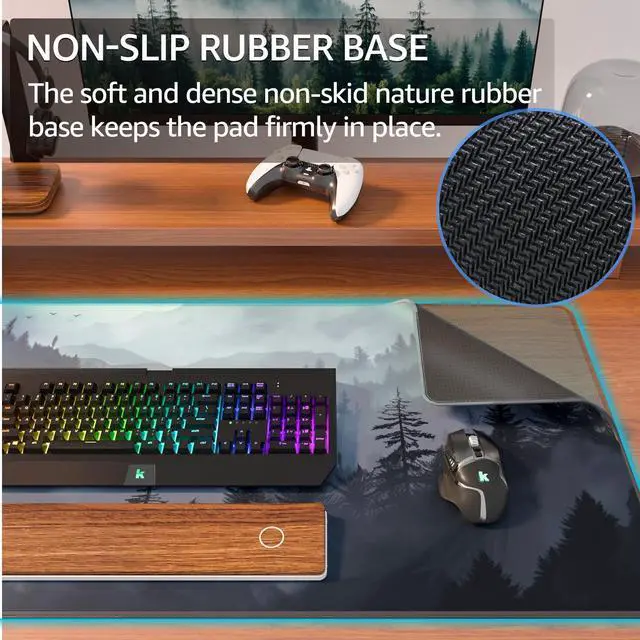 Alt view image 4 of 6 - KEHIPI Large Gaming Mouse Pad with Stitched Edges, Extended Mousepad with Superior Micro-Weave Cloth, Non-Slip Base, Water Resist Keyboard Pad for Gamer, Office & Home, 31.5x15.7in, Cloud Forest
