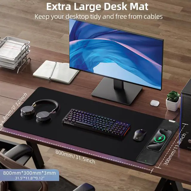 Alt view image 7 of 7 - KEHIPI Gaming Mouse Pad, Wireless Charging Mouse Pad Gaming, 31.5"x11.8" Large Desk Mat for Laptop/Computer/Keyboard, Waterproof Smooth Surface, Non-Slip Base, Black