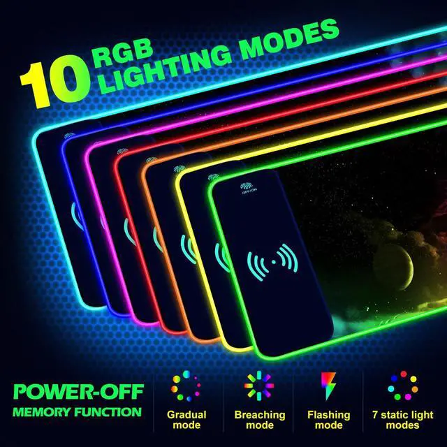 Alt view image 2 of 7 - KEHIPI Wireless Charging RGB Gaming Mouse Pad 15W, Extended LED Desk Mat Protector 800x300x4MM, 14 Light Modes Extra Large Mousepad Non-Slip Rubber Base Desk Mat, Nebula Universe