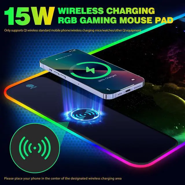 Alt view image 3 of 7 - KEHIPI Wireless Charging RGB Gaming Mouse Pad 15W, Extended LED Desk Mat Protector 800x300x4MM, 14 Light Modes Extra Large Mousepad Non-Slip Rubber Base Desk Mat, Nebula Universe