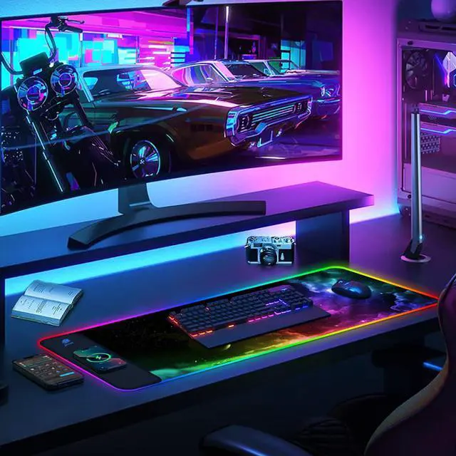 Alt view image 6 of 7 - KEHIPI Wireless Charging RGB Gaming Mouse Pad 15W, Extended LED Desk Mat Protector 800x300x4MM, 14 Light Modes Extra Large Mousepad Non-Slip Rubber Base Desk Mat, Nebula Universe