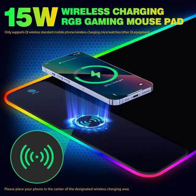 Alt view image 2 of 7 - KEHIPI Wireless Charging RGB Gaming Mouse Pad 15W, Extended LED Desk Mat Protector 800x300x4MM, 14 Light Modes Extra Large Mousepad Non-Slip Rubber Base Desk Mat, Cool Black