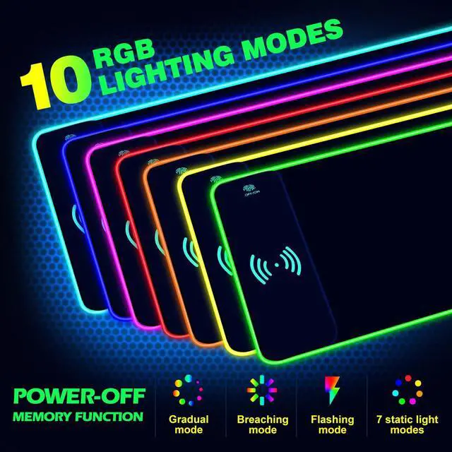 Alt view image 3 of 7 - KEHIPI Wireless Charging RGB Gaming Mouse Pad 15W, Extended LED Desk Mat Protector 800x300x4MM, 14 Light Modes Extra Large Mousepad Non-Slip Rubber Base Desk Mat, Cool Black